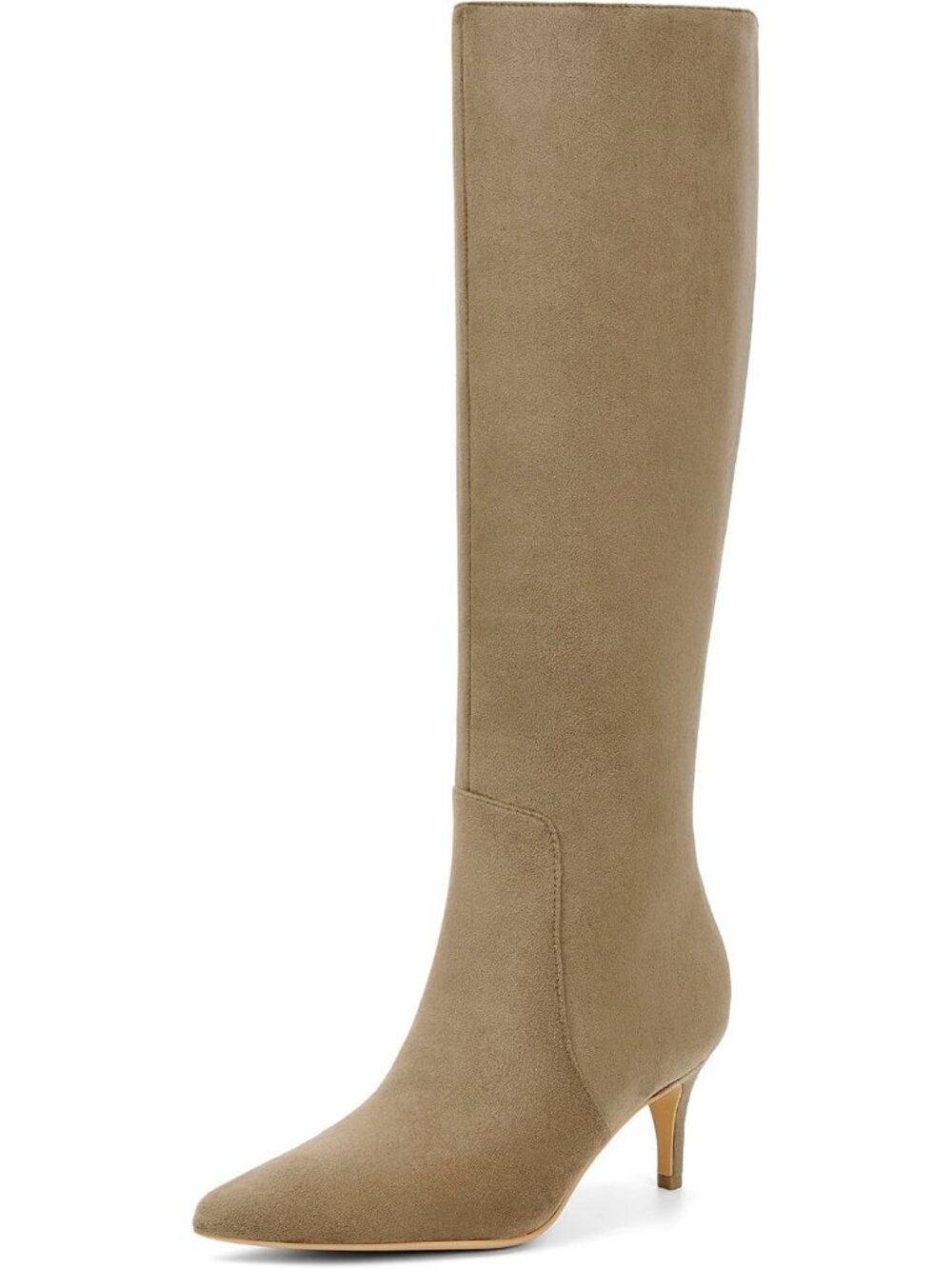 Women's Sage Khaki Suede Stylish Pointed Toe Low Kitten Heel Knee High Boots